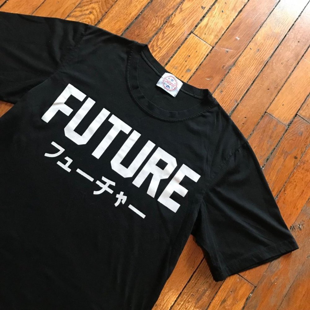 Rare IMOOK IMK Japanese Designer Women Black Spell Out Future Double Side TShirt - Picture 3 of 4